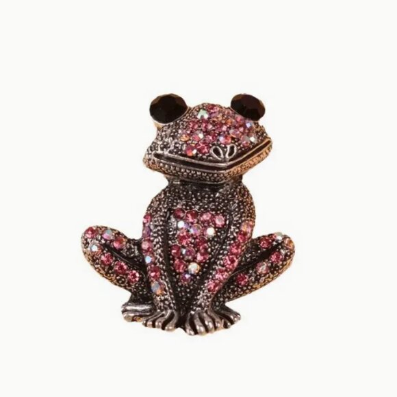 Sparkly Crystal Frog & Antique Design Charm Pink Crystal Goldtoned Brooch Pin - Picture 3 of 4